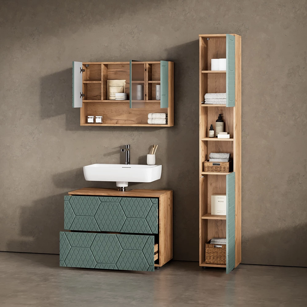 Nahaufnahme von Badmöbel-Set in Grün/Goldkraft Eiche, zeigt Textur/Details