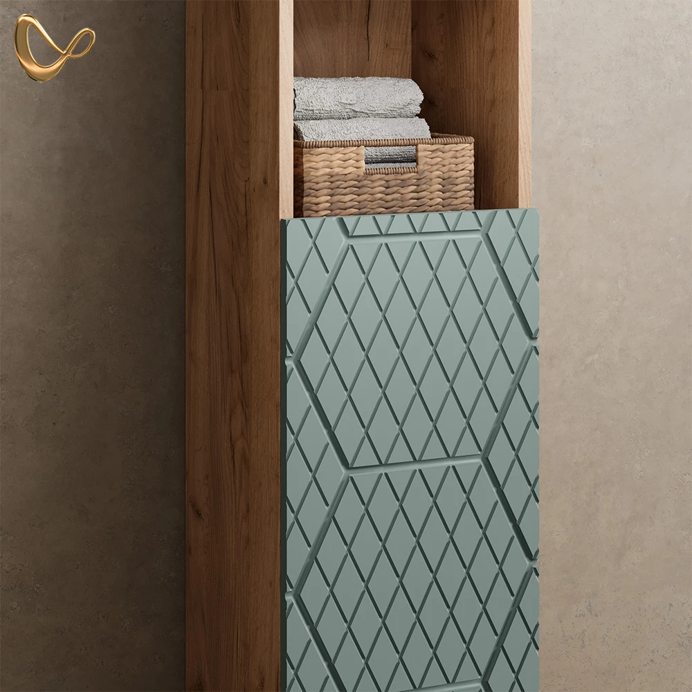 Nahaufnahme von Badmöbel-Set in Grün/Goldkraft Eiche, zeigt Design- und Oberflächendetails