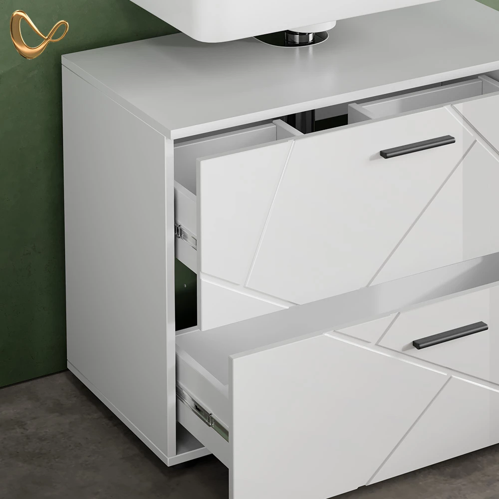 Nahaufnahme von Badmöbel-Set in Anthrazit gepunktet, zeigt Design- und Oberflächendetails