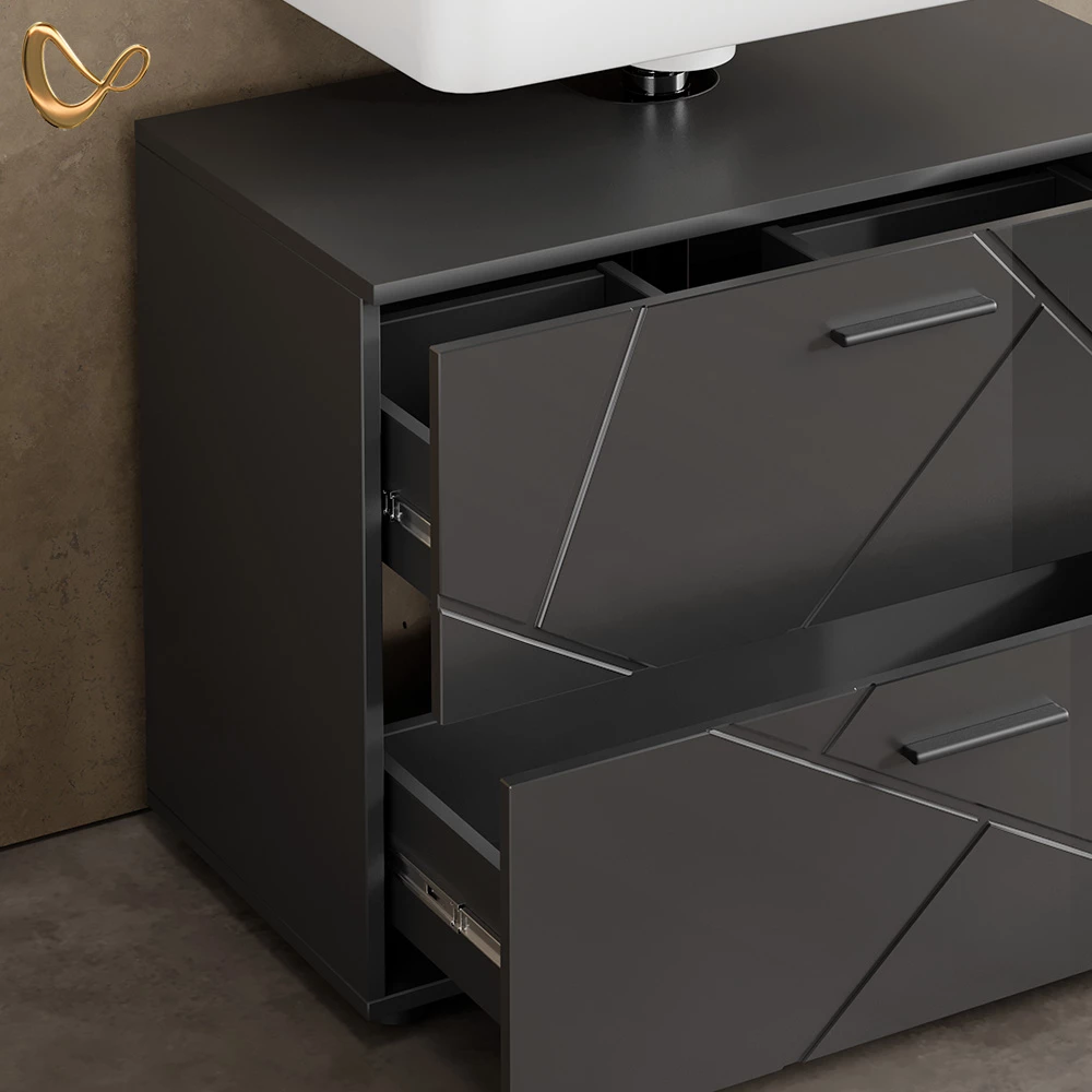 Nahaufnahme von Badmöbel-Set in Anthrazit Hochglanz, zeigt Design- und Oberflächendetails