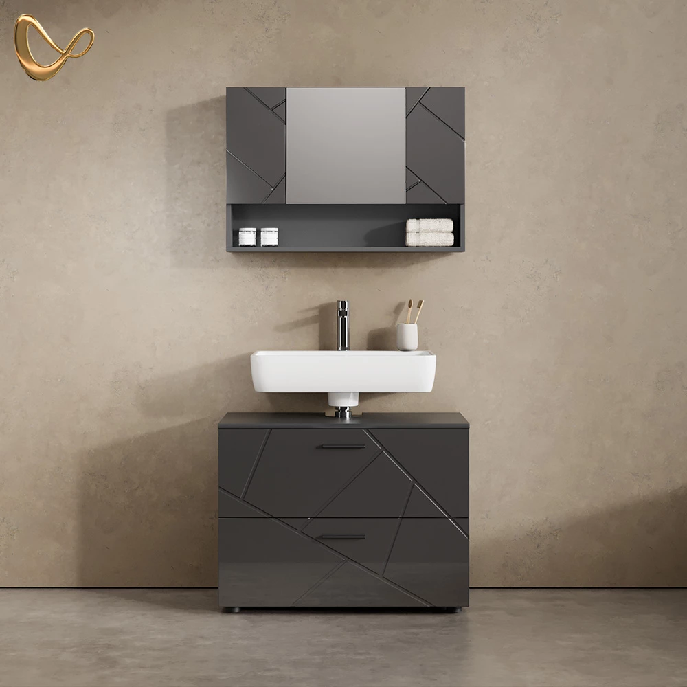 Badmöbel-Set Ronco Anthrazit Hochglanz 2 Teile, Unterschrank 80 cm livinity®