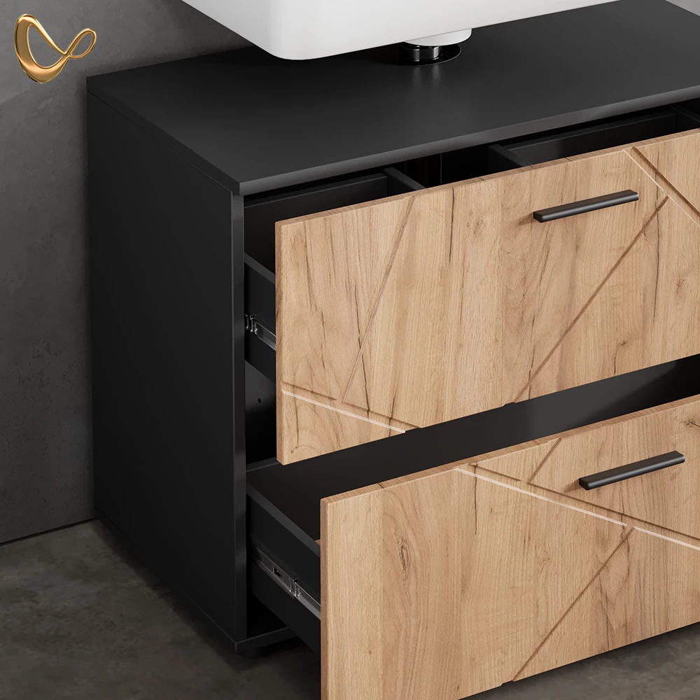 Nahaufnahme von Badmöbel-Set in Goldkraft Eiche/Anthrazit, zeigt Design- und Oberflächendetails