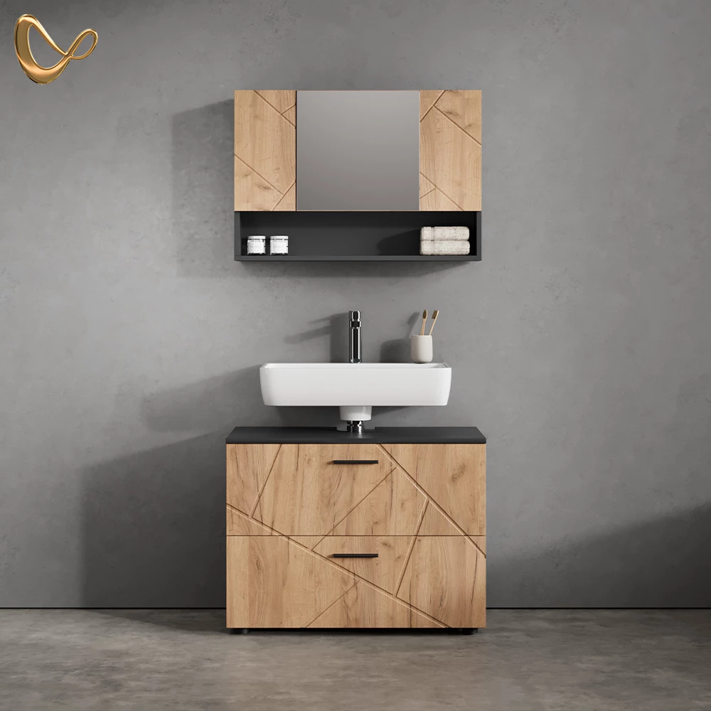 Badmöbel-Set Ronco Goldkraft Eiche/Anthrazit 2 Teile, Unterschrank 80 cm livinity®