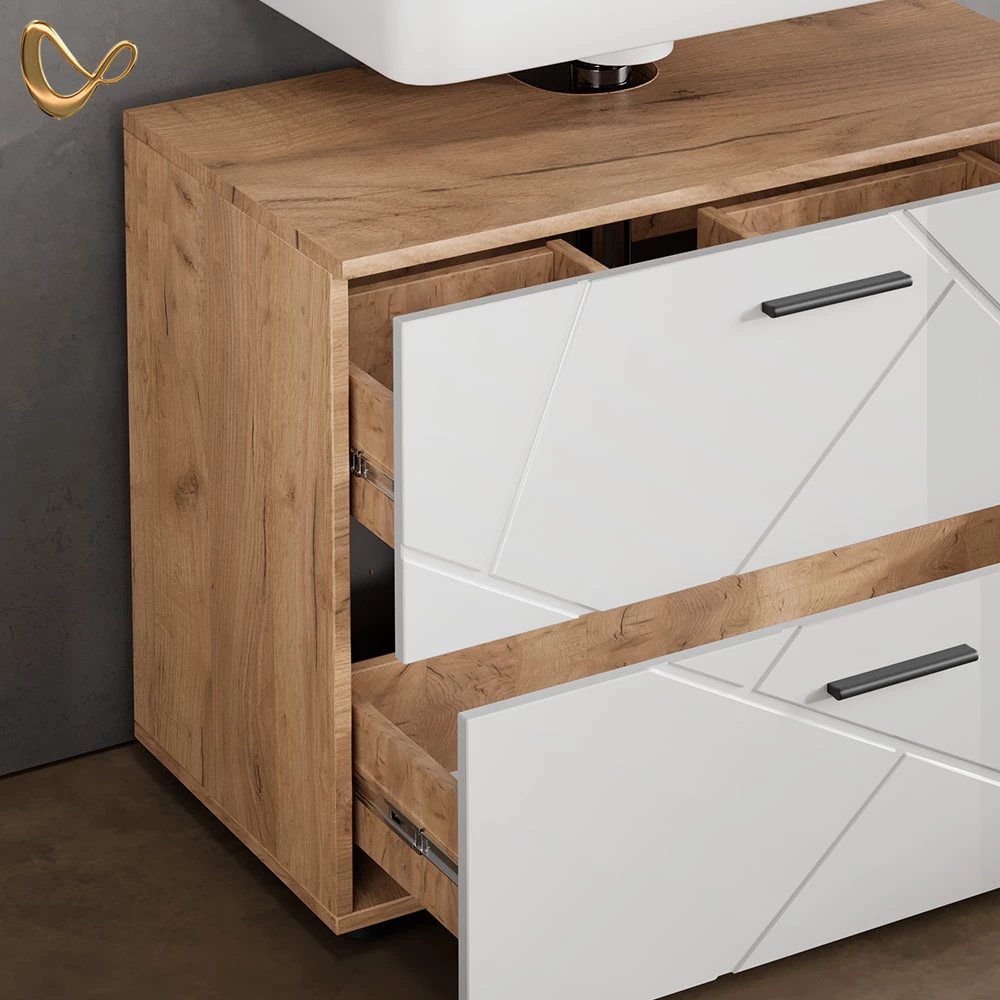 Nahaufnahme von Badmöbel-Set in Weiß Hochglanz/Goldkraft Eiche, zeigt Design- und Oberflächendetails