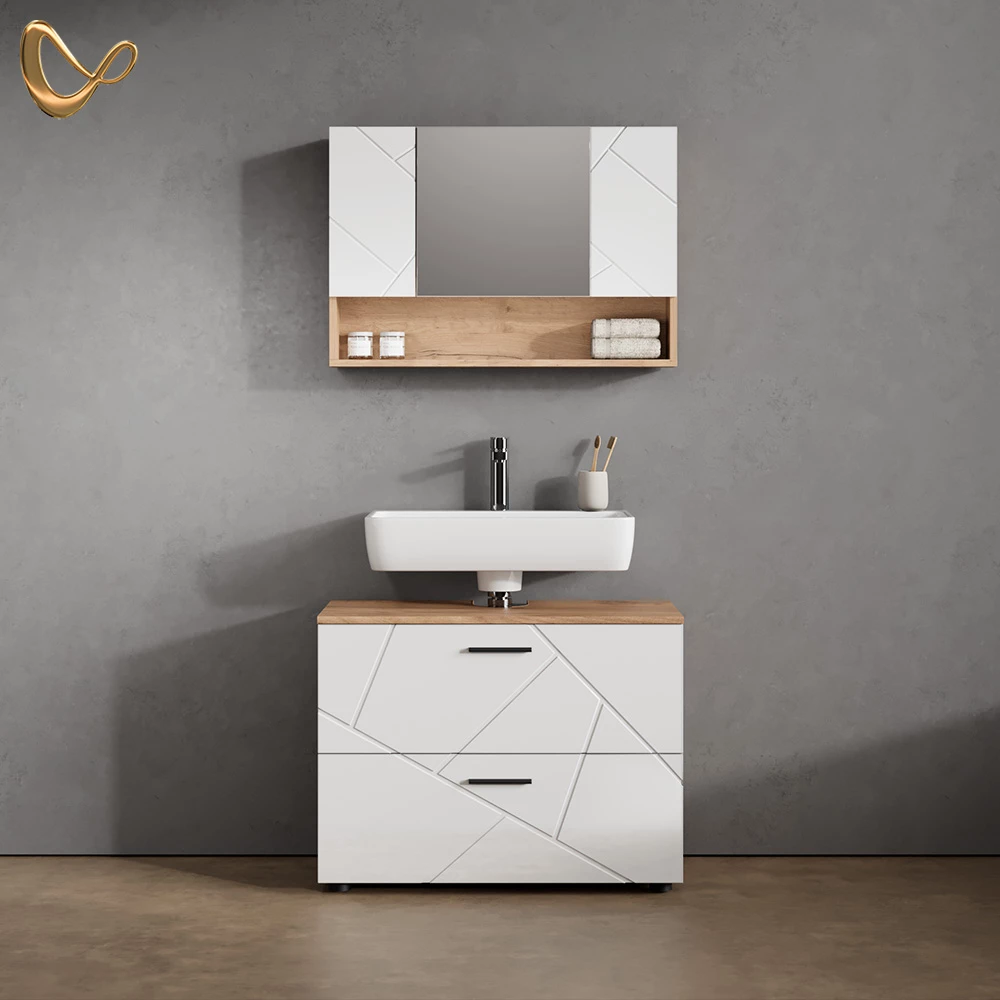 Badmöbel-Set Ronco Weiß Hochglanz/Goldkraft Eiche 2 Teile, Unterschrank 80 cm livinity®