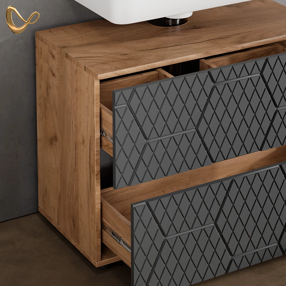 Nahaufnahme von Badmöbel-Set in Anthrazit gestreift, zeigt Design- und Oberflächendetails