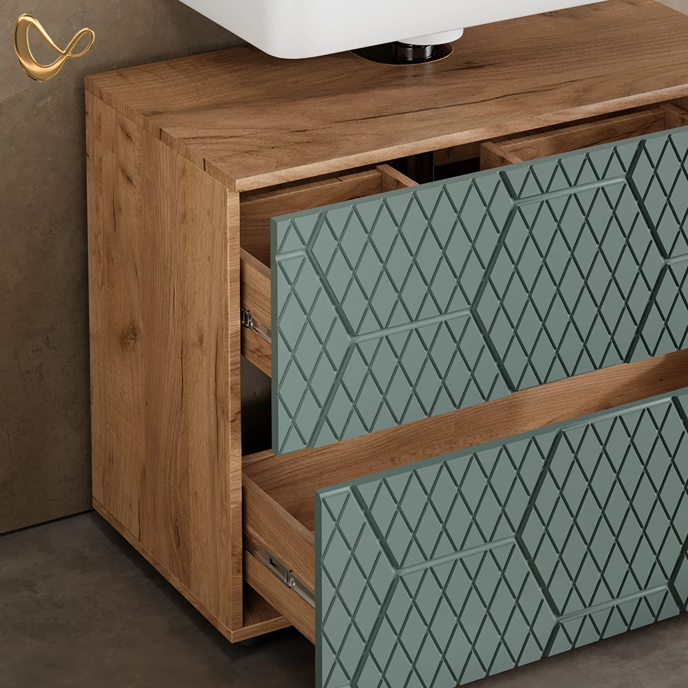 Nahaufnahme von Badmöbel-Set in Grün/Goldkraft Eiche, zeigt Design- und Oberflächendetails