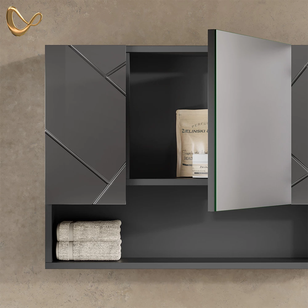 Nahaufnahme von Badspiegelschrank in Anthrazit Hochglanz, zeigt Design- und Oberflächendetails