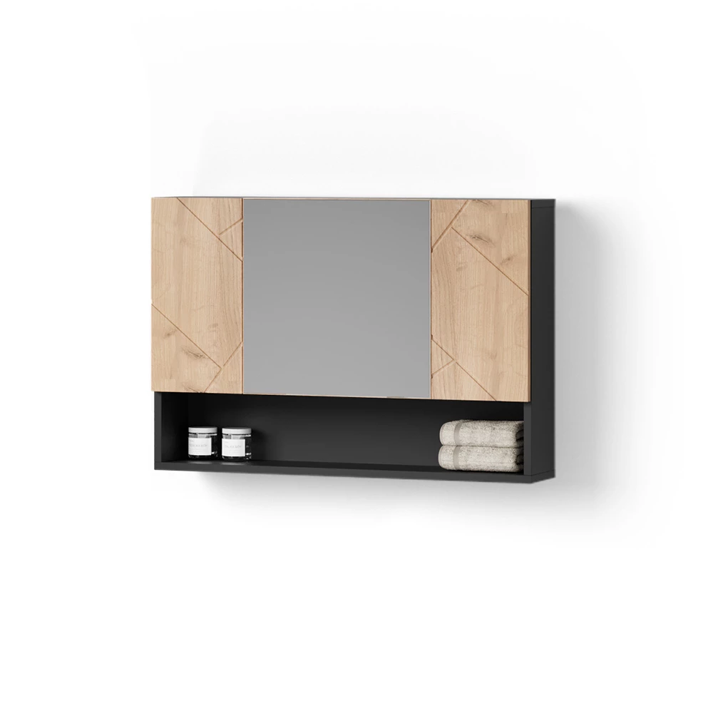 Badspiegelschrank in Goldkraft Eiche/Anthrazit auf weißem Hintergrund