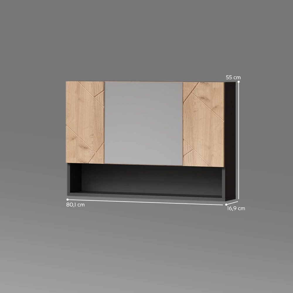 Badspiegelschrank in Goldkraft Eiche/Anthrazit auf weißem Hintergrund mit sichtbaren Maßen