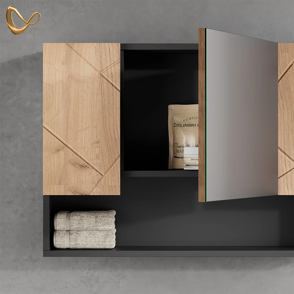 Nahaufnahme von Badspiegelschrank in Goldkraft Eiche/Anthrazit, zeigt Design- und Oberflächendetails