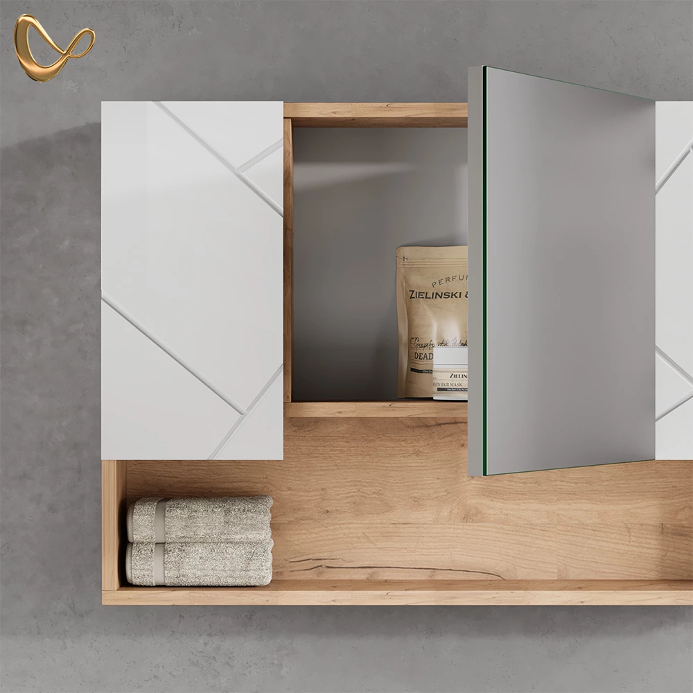 Nahaufnahme von Badspiegelschrank in Weiß Hochglanz/Goldkraft Eiche, zeigt Design- und Oberflächendetails