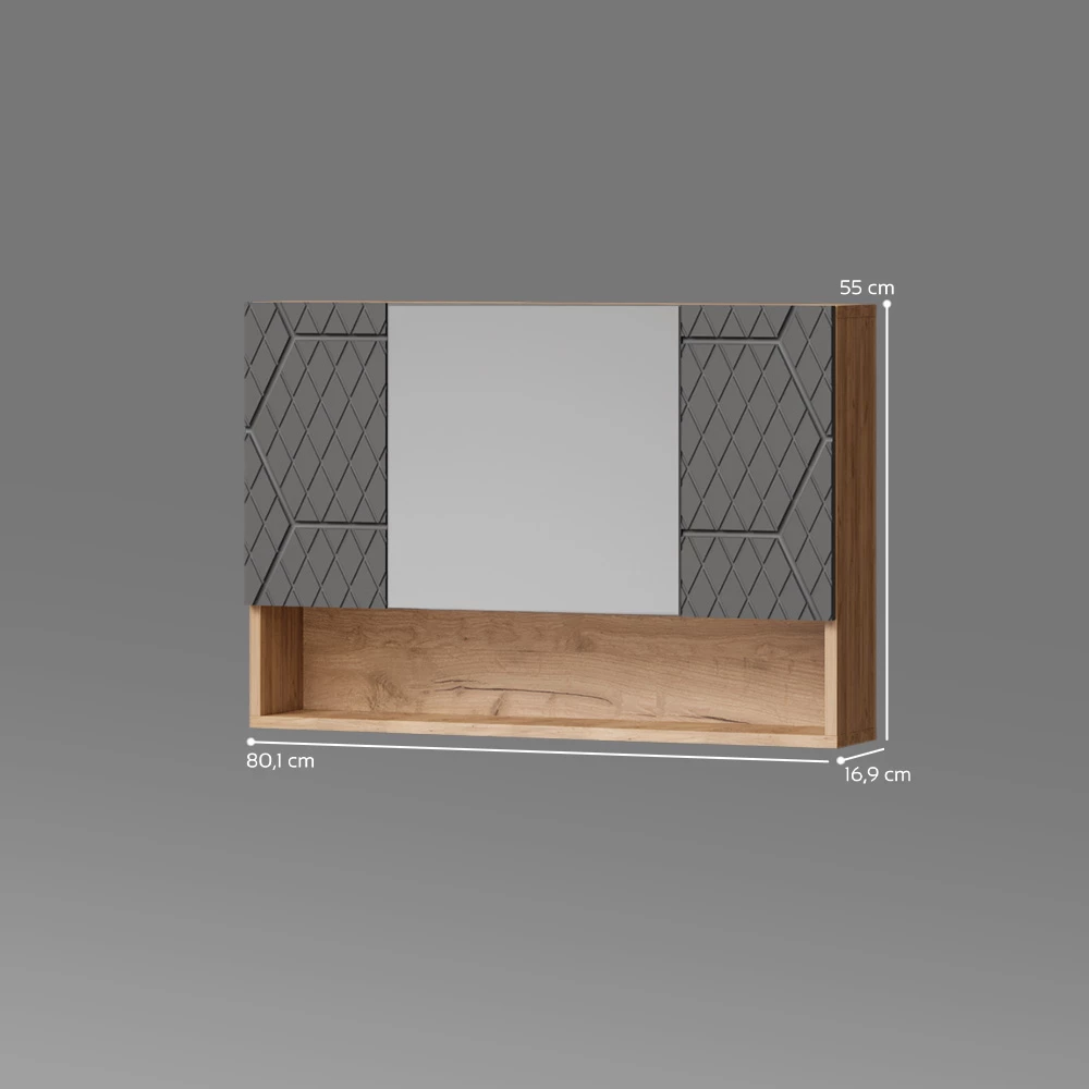 Badspiegelschrank in Anthrazit gestreift auf weißem Hintergrund mit sichtbaren Maßen