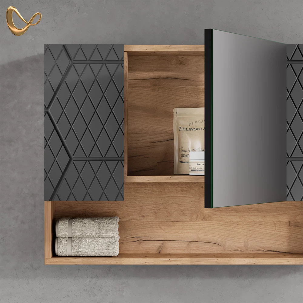 Nahaufnahme von Badspiegelschrank in Anthrazit gestreift, zeigt Design- und Oberflächendetails