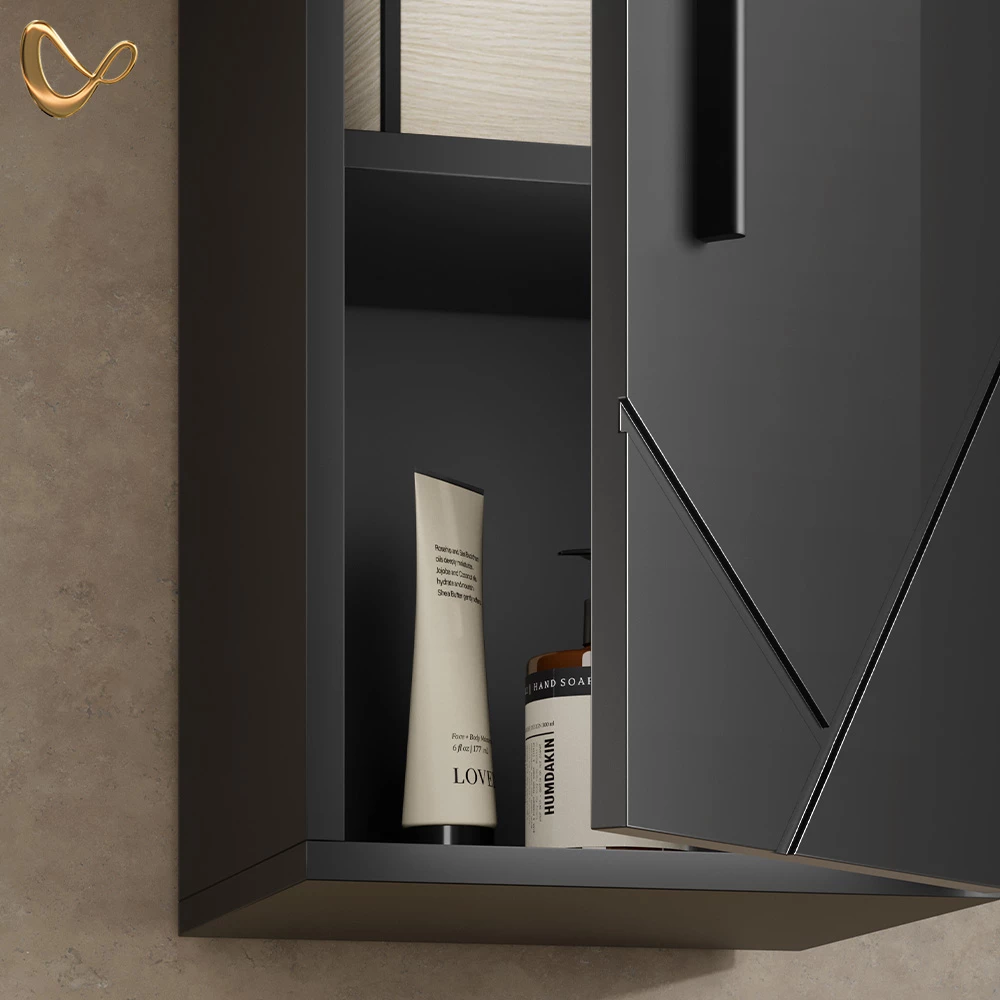Nahaufnahme von Badschrank in Anthrazit Hochglanz, zeigt Design- und Oberflächendetails