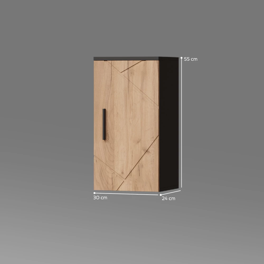 Badschrank in Goldkraft Eiche/Anthrazit auf weißem Hintergrund mit sichtbaren Maßen