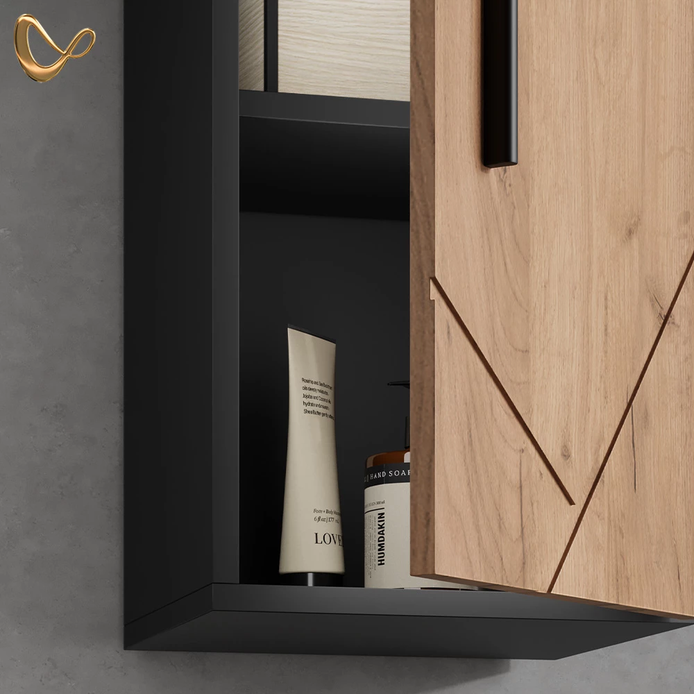 Nahaufnahme von Badschrank in Goldkraft Eiche/Anthrazit, zeigt Design- und Oberflächendetails