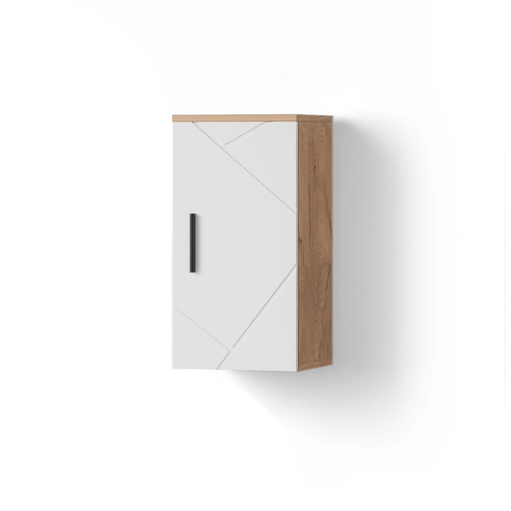 Badschrank in Weiß Hochglanz/Goldkraft Eiche auf weißem Hintergrund