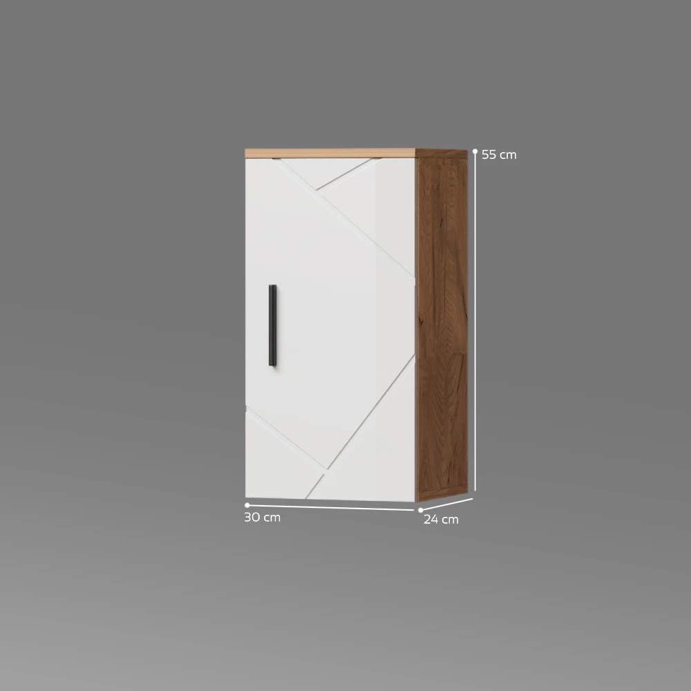 Badschrank in Weiß Hochglanz/Goldkraft Eiche auf weißem Hintergrund mit sichtbaren Maßen