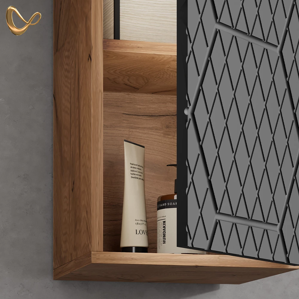 Nahaufnahme von Badschrank in Anthrazit gestreift, zeigt Design- und Oberflächendetails