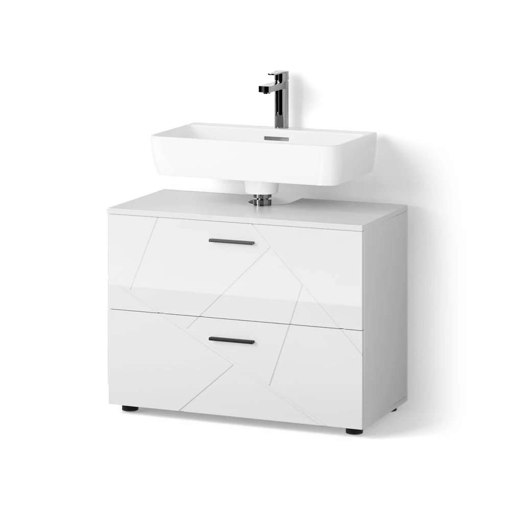 Waschbeckenunterschrank in Weiß Hochglanz auf weißem Hintergrund