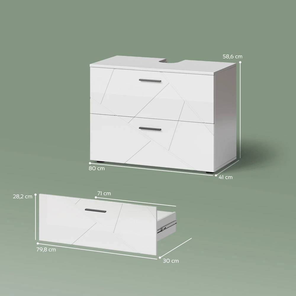 Waschbeckenunterschrank in Weiß Hochglanz auf weißem Hintergrund mit sichtbaren Maßen