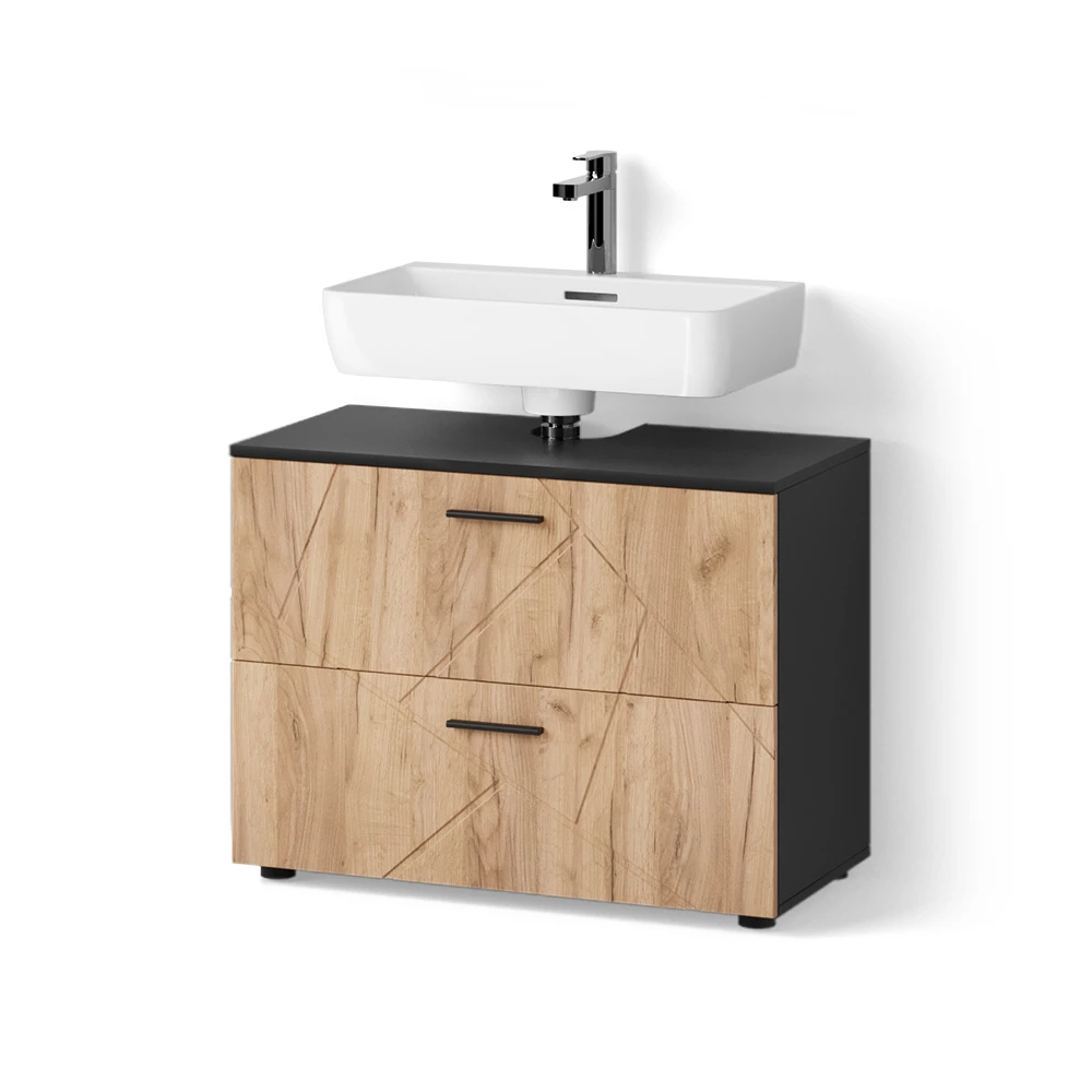 Waschbeckenunterschrank in Goldkraft Eiche/Anthrazit auf weißem Hintergrund