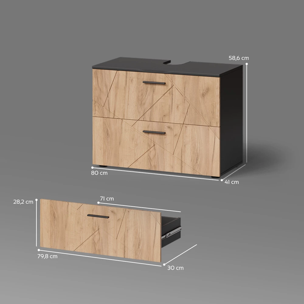 Waschbeckenunterschrank in Goldkraft Eiche/Anthrazit auf weißem Hintergrund mit sichtbaren Maßen