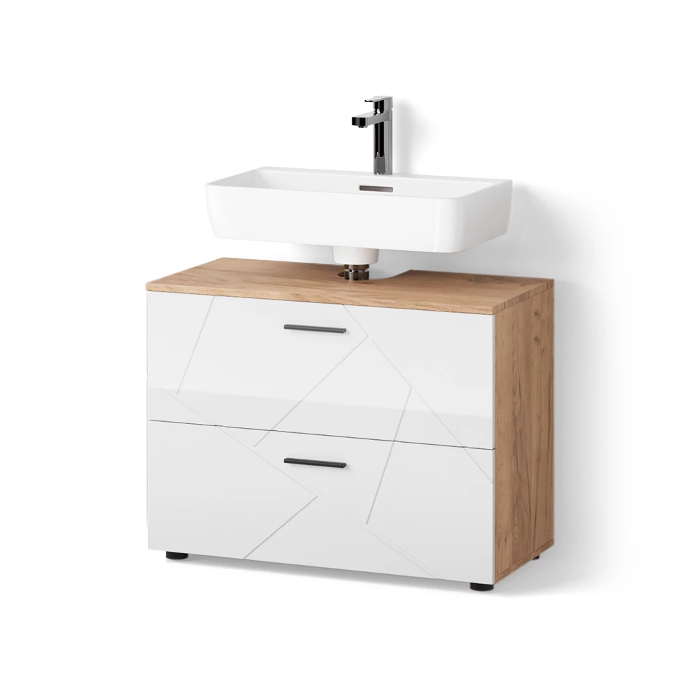 Waschbeckenunterschrank in Weiß Hochglanz/Goldkraft Eiche auf weißem Hintergrund