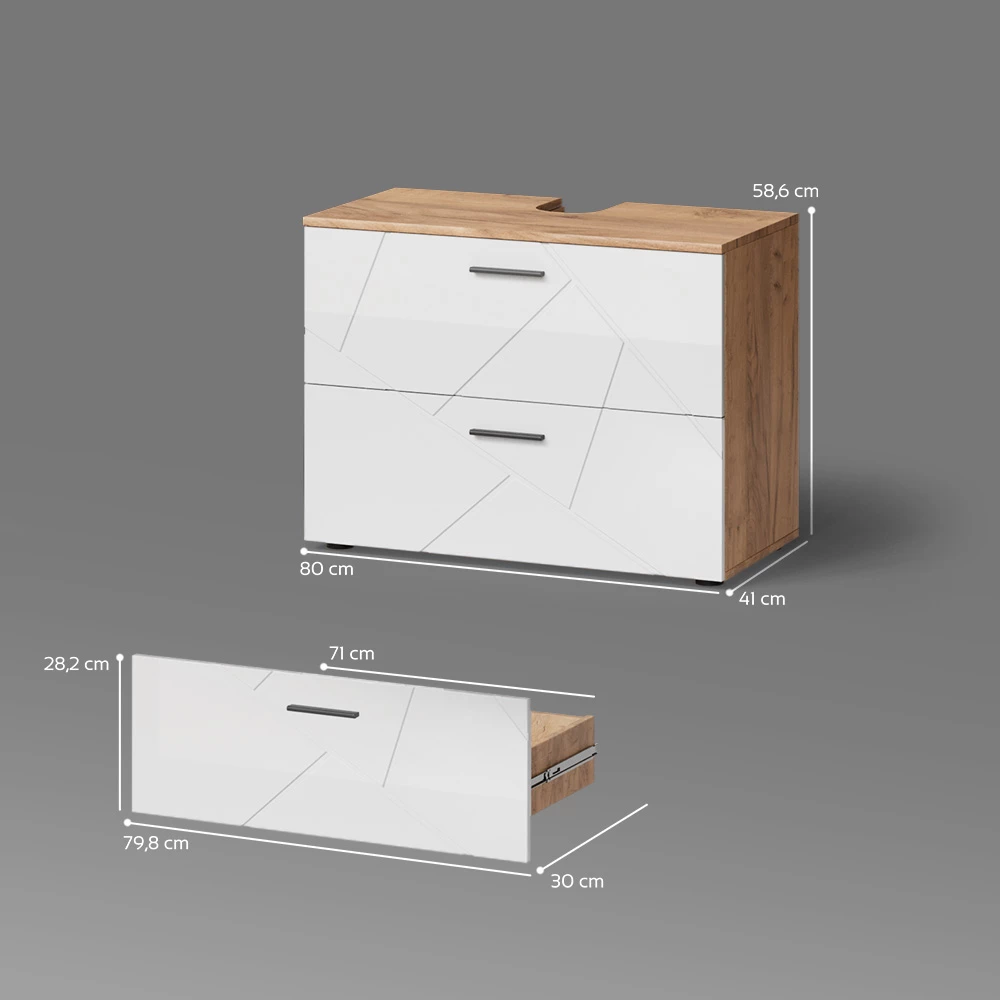 Waschbeckenunterschrank in Weiß Hochglanz/Goldkraft Eiche auf weißem Hintergrund mit sichtbaren Maßen