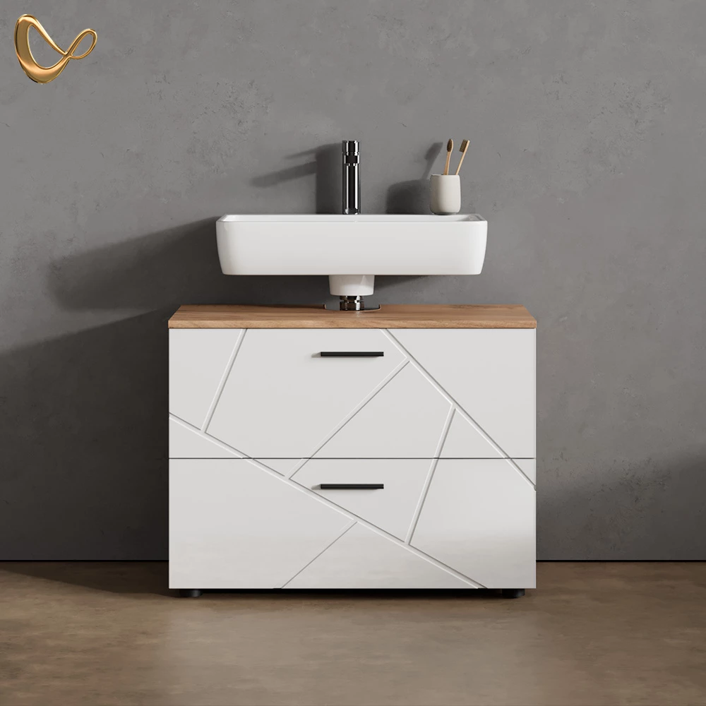 Waschbeckenunterschrank Ronco Weiß Hochglanz/Goldkraft Eiche 80 x 58.6 cm livinity®