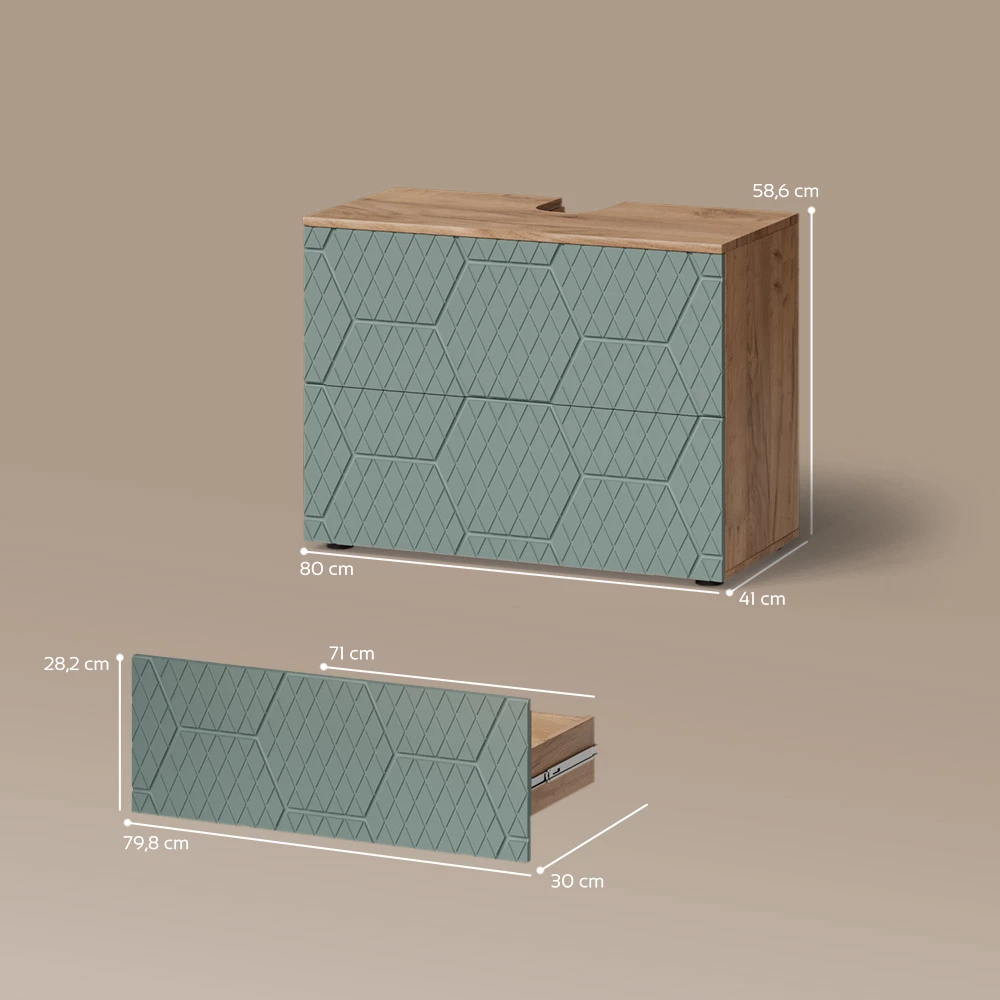 Waschbeckenunterschrank in Grün auf weißem Hintergrund mit sichtbaren Maßen