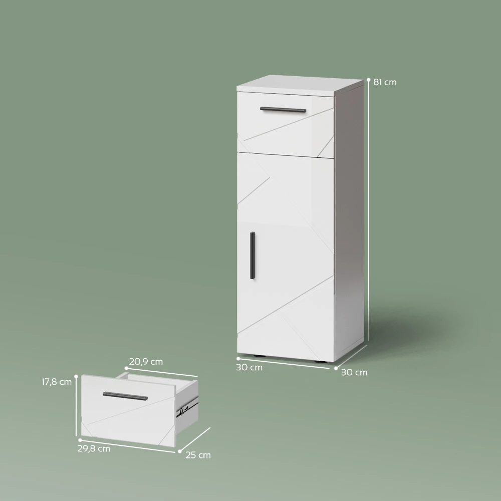 Midischrank in Weiß Hochglanz auf weißem Hintergrund mit sichtbaren Maßen