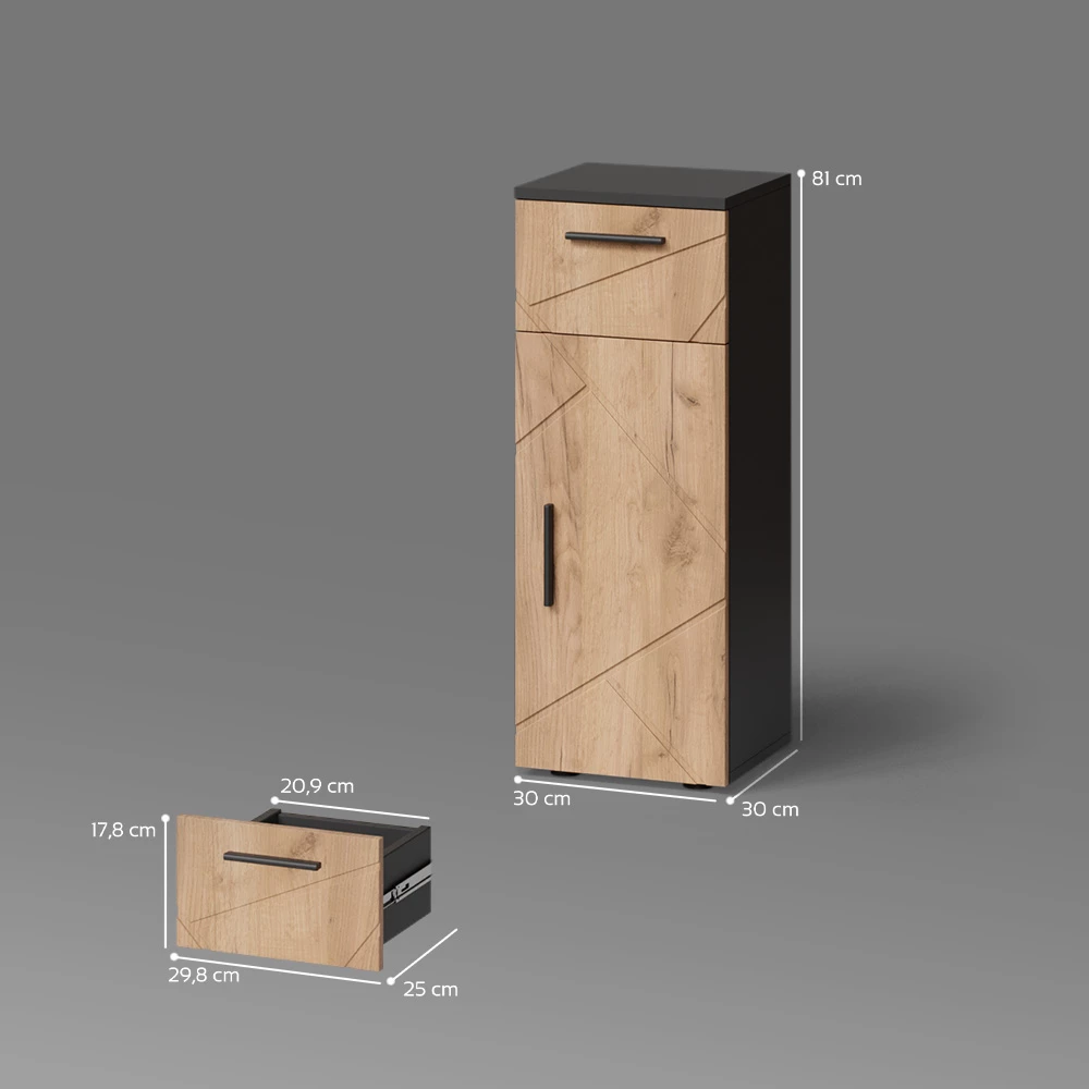 Midischrank in Goldkraft Eiche/Anthrazit auf weißem Hintergrund mit sichtbaren Maßen