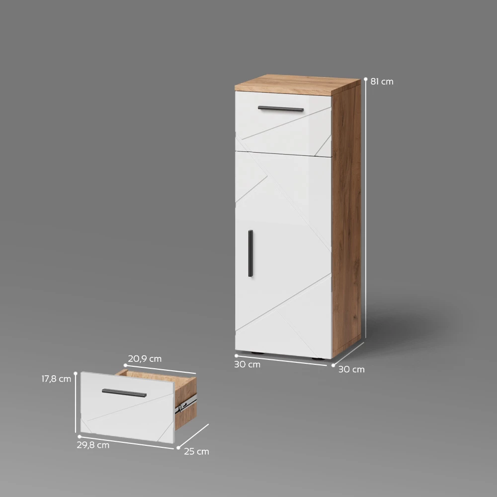 Midischrank in Weiß Hochglanz/Goldkraft Eiche auf weißem Hintergrund mit sichtbaren Maßen