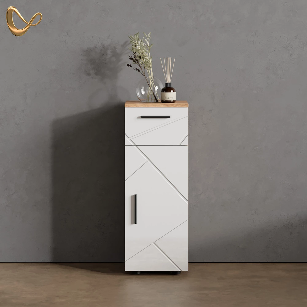 Midischrank Ronco Weiß Hochglanz/Goldkraft Eiche 30 x 81 cm livinity®