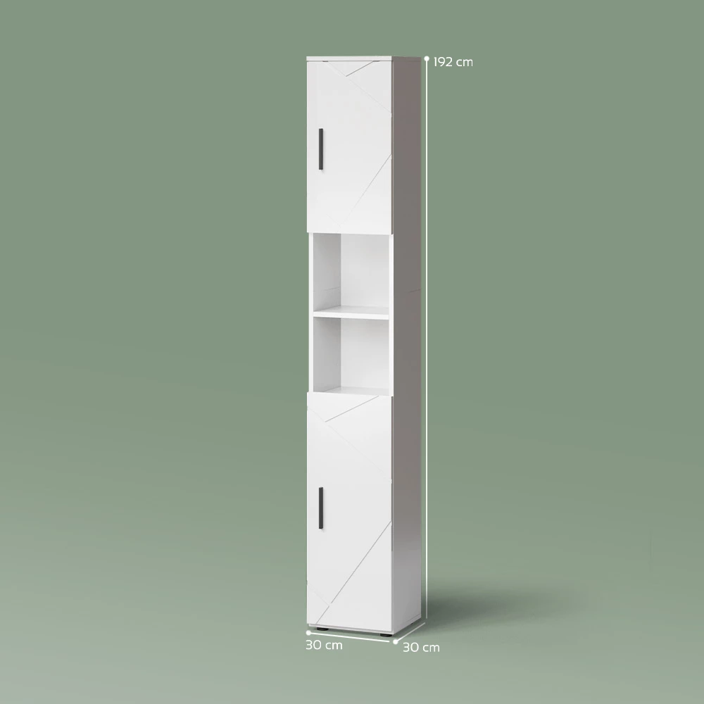 Badschrank in Weiß Hochglanz auf weißem Hintergrund mit sichtbaren Maßen