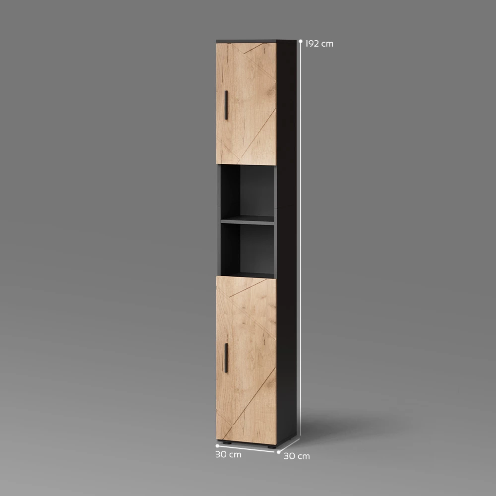 Badschrank in Goldkraft Eiche/Anthrazit auf weißem Hintergrund mit sichtbaren Maßen