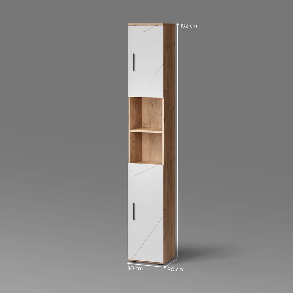 Badschrank in Weiß Hochglanz/Goldkraft Eiche auf weißem Hintergrund mit sichtbaren Maßen