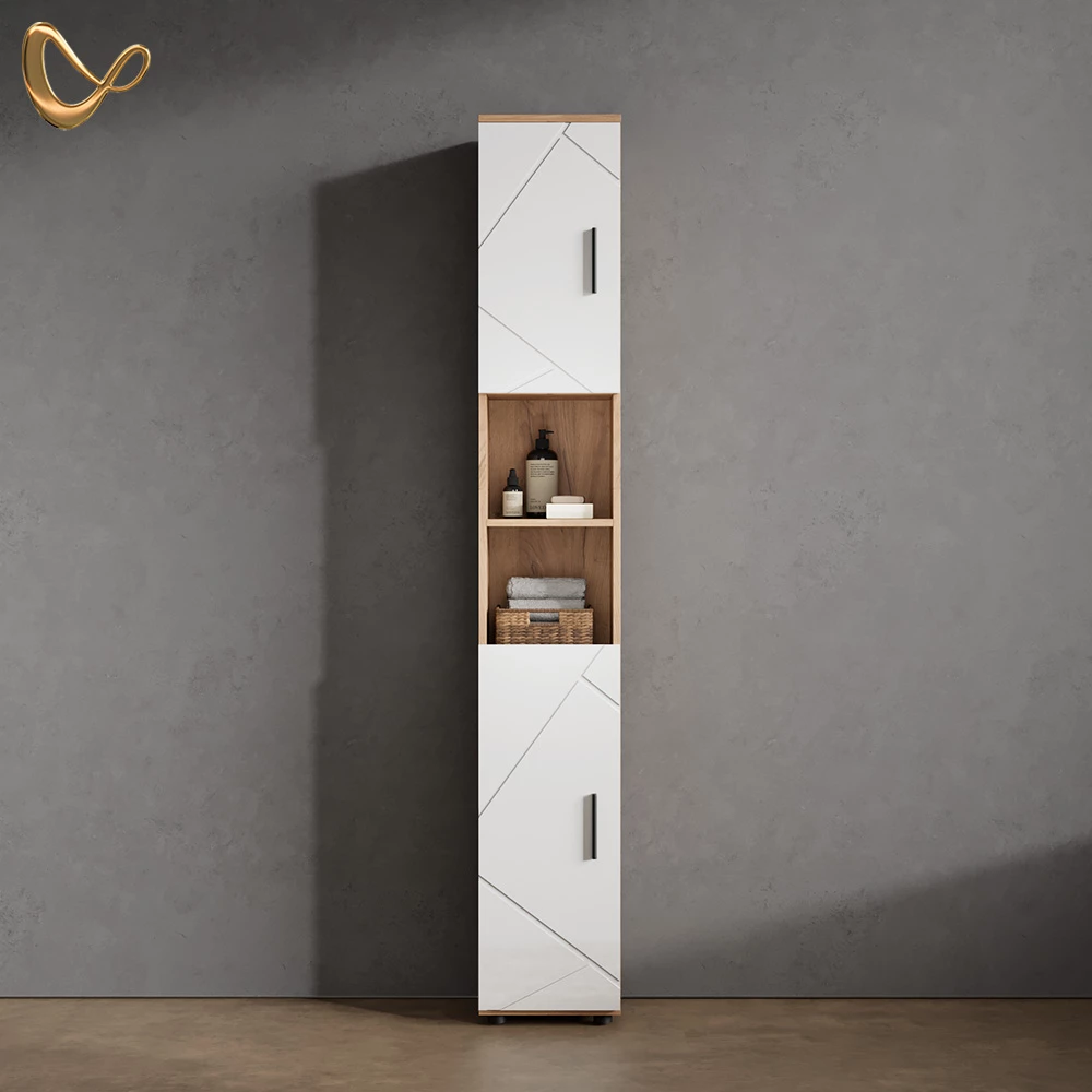 Badschrank Ronco Weiß Hochglanz/Goldkraft Eiche 30 x 192 cm mit Türen, und offenen Fächern livinity®