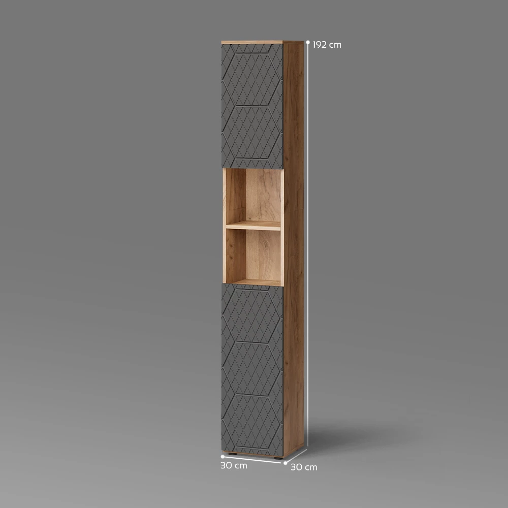 Badschrank  in Anthrazit gestreift auf weißem Hintergrund mit sichtbaren Maßen