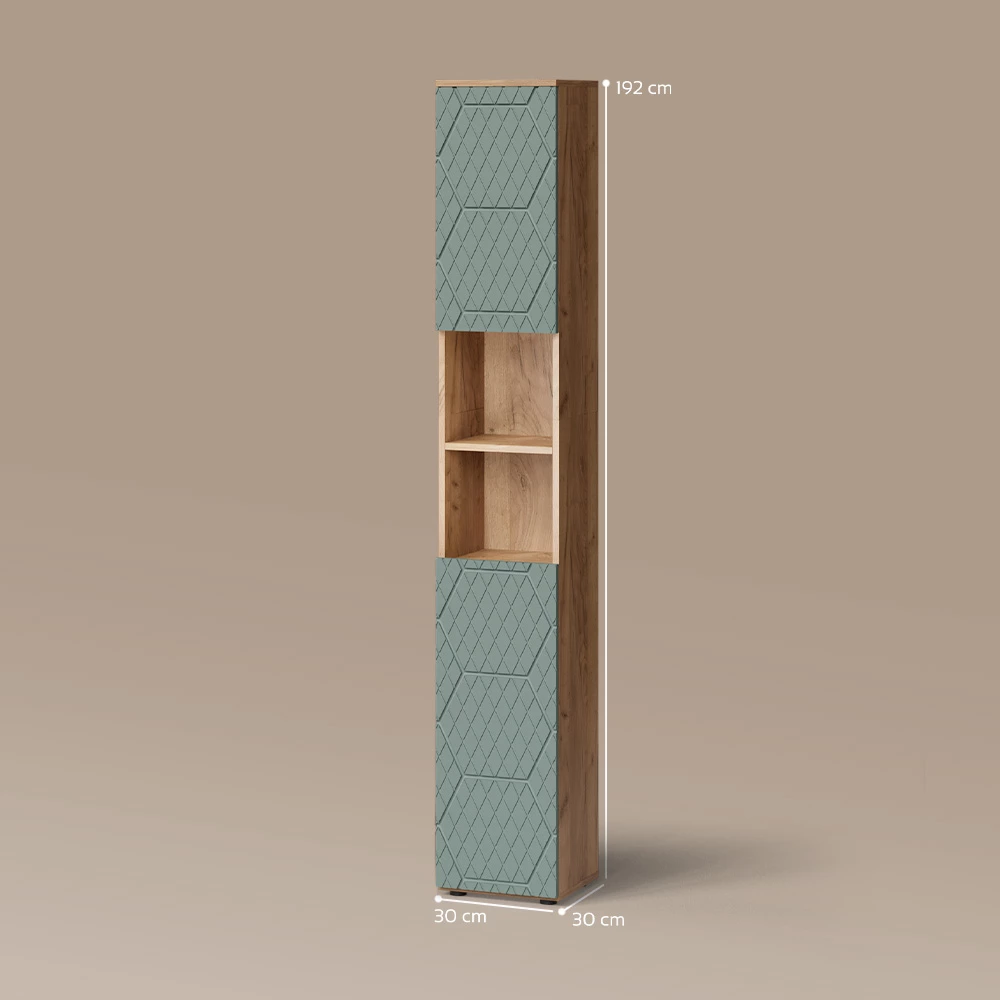 Badschrank in Grün/Goldkraft Eiche auf weißem Hintergrund mit sichtbaren Maßen