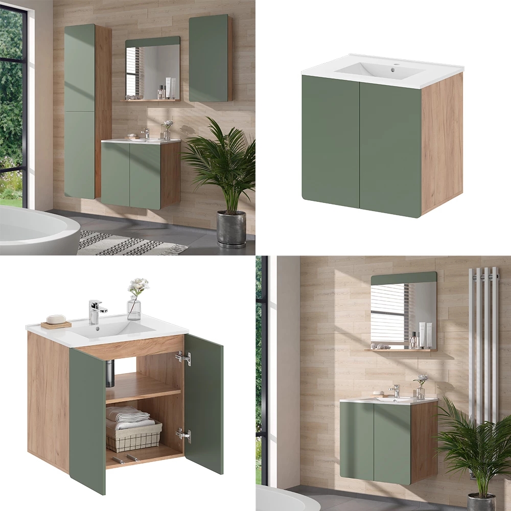 Vicco Badmöbel-Set Goldkraft Eiche/Grün , Izan