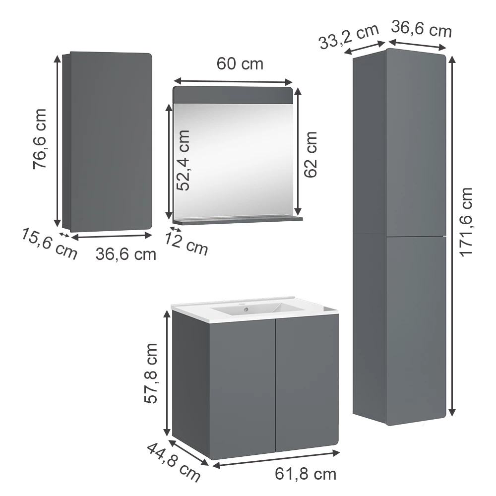 Vicco Badmöbel-Set Grau 4 Teile, Izan