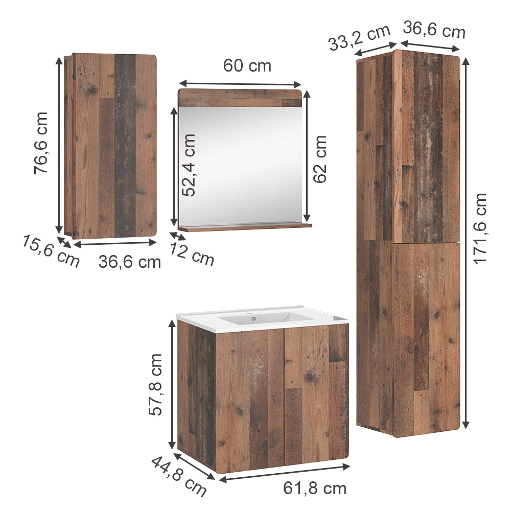 Vicco Badkamermeubelset Oldstyle 5-delig met hoge en wandkast, Izan