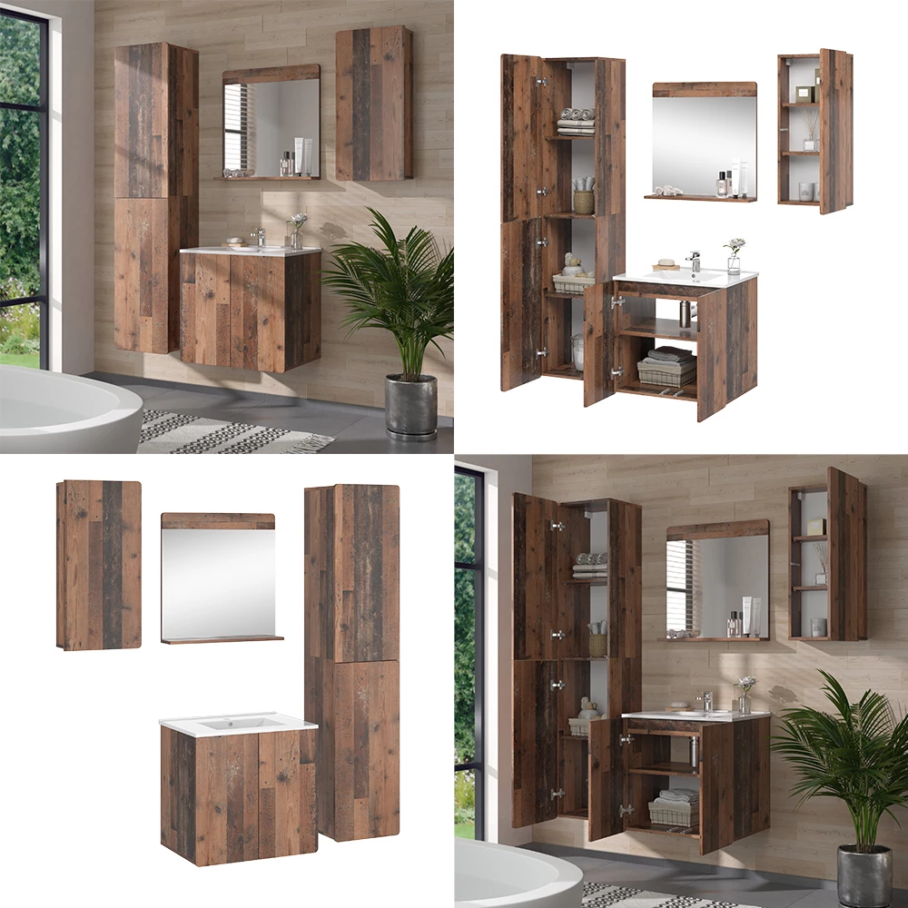 Vicco Badmöbel-Set Oldstyle 5-teilig mit Hoch- und Hängeschrank, Izan