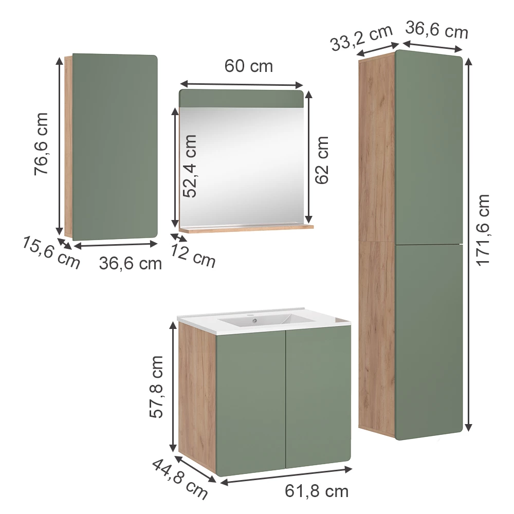 Vicco Set di mobili da bagno Goldkraft rovere/verde 5 pezzi con colonna e pensili, Izan