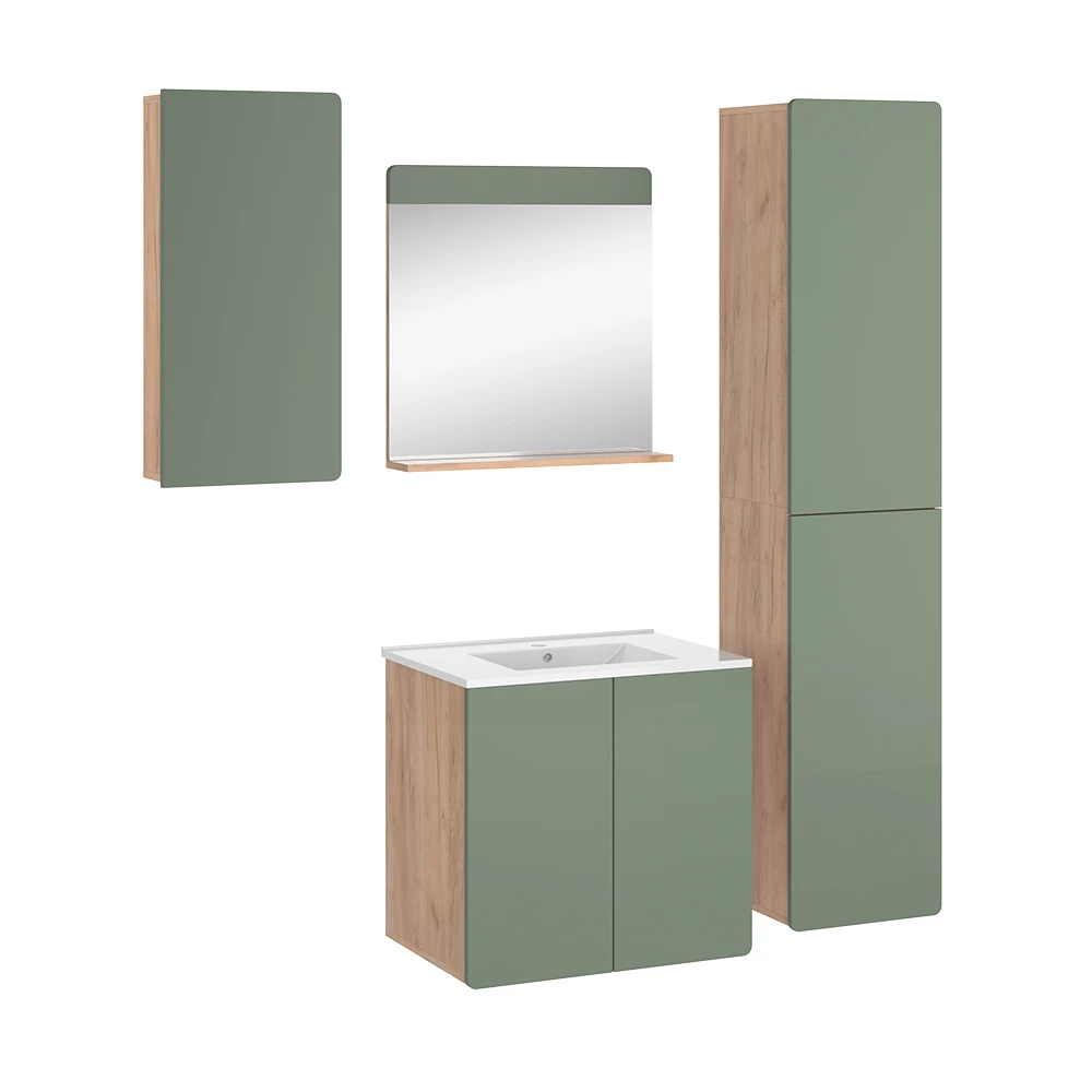 Vicco Set di mobili da bagno Goldkraft rovere/verde 5 pezzi con colonna e pensili, Izan