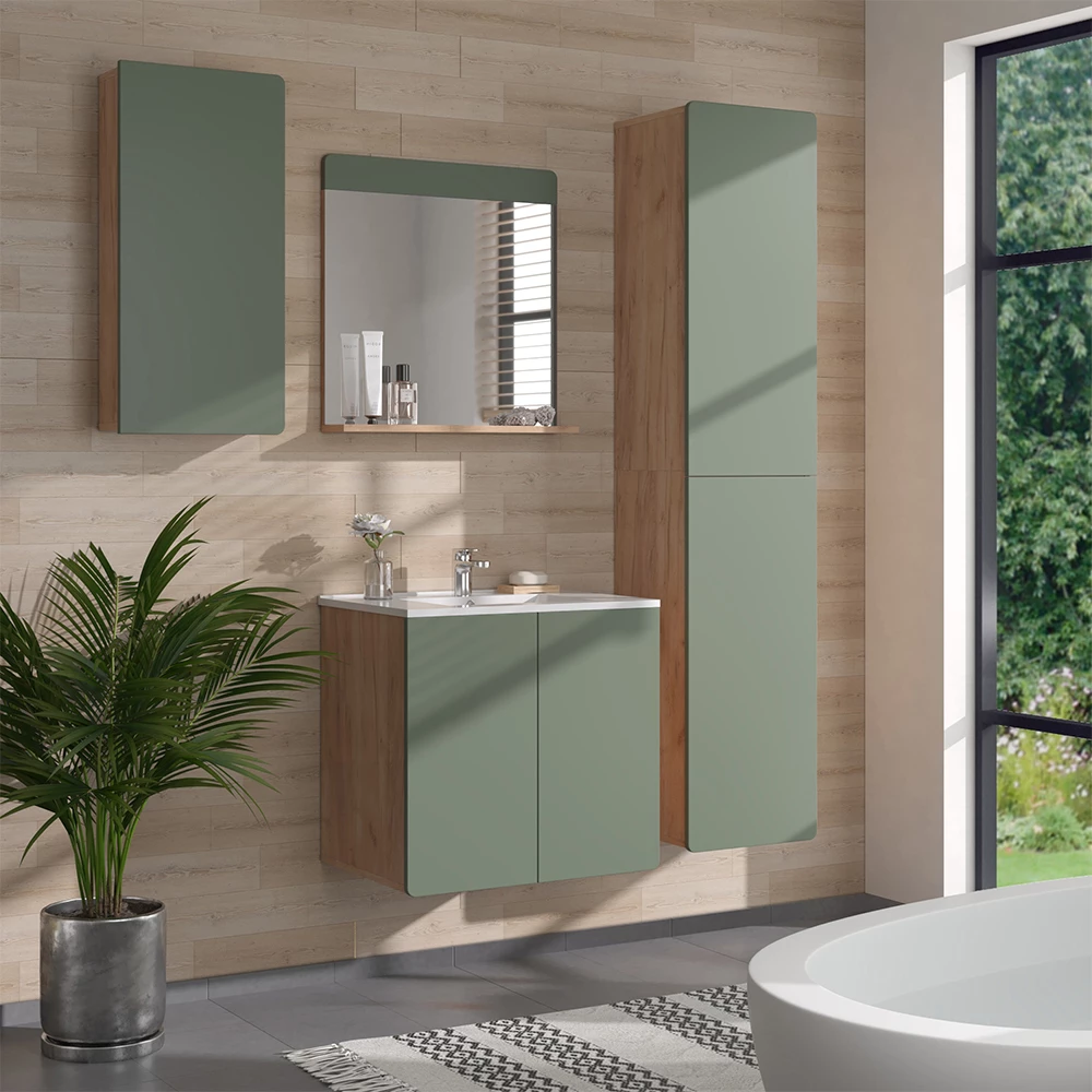 Vicco Set di mobili da bagno Goldkraft rovere/verde 5 pezzi con colonna e pensili, Izan