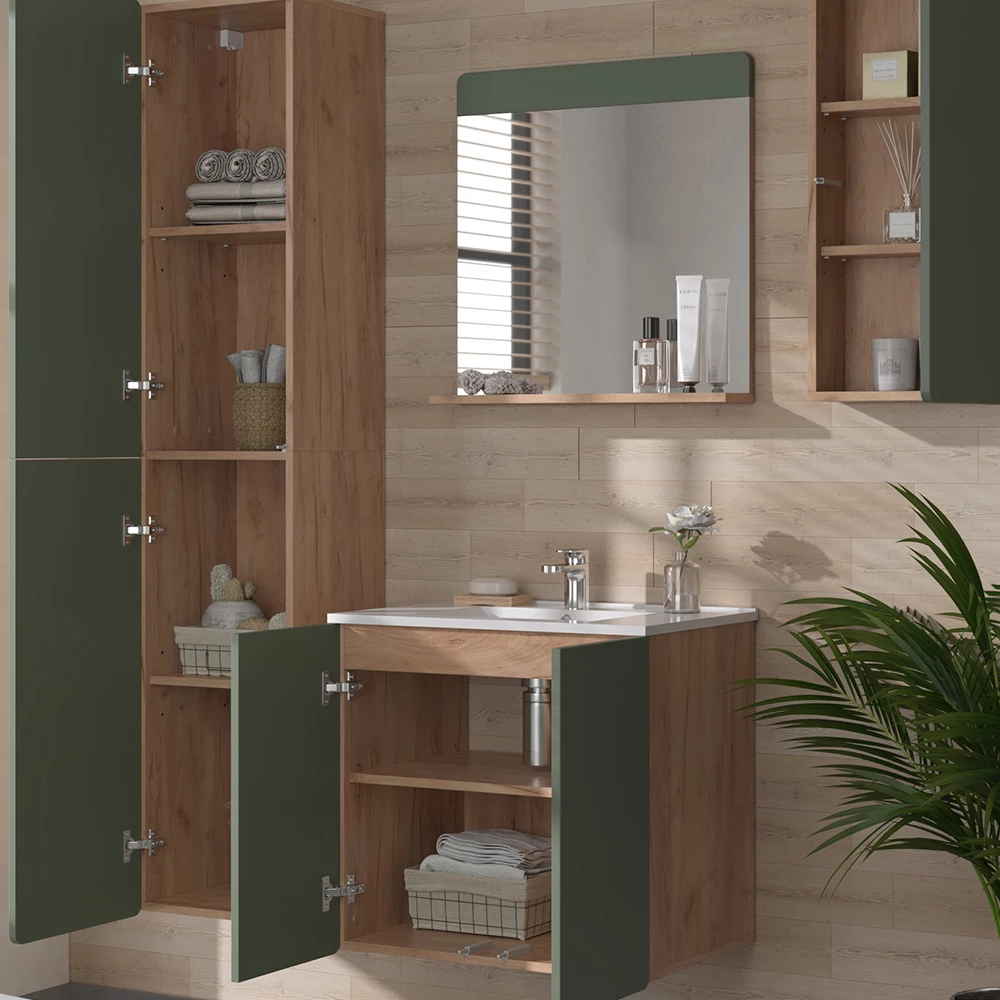 Vicco Set di mobili da bagno Goldkraft rovere/verde 5 pezzi con colonna e pensili, Izan
